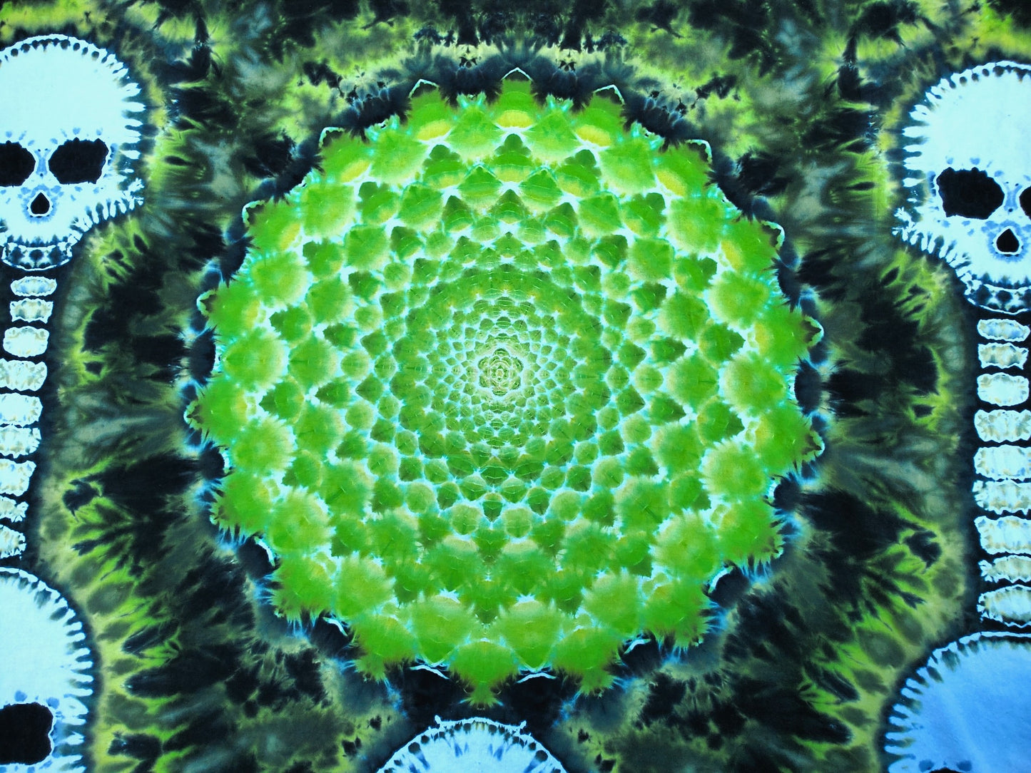 Green Death Skull and Mandala Tie Dye Tapestry 84in x 60in